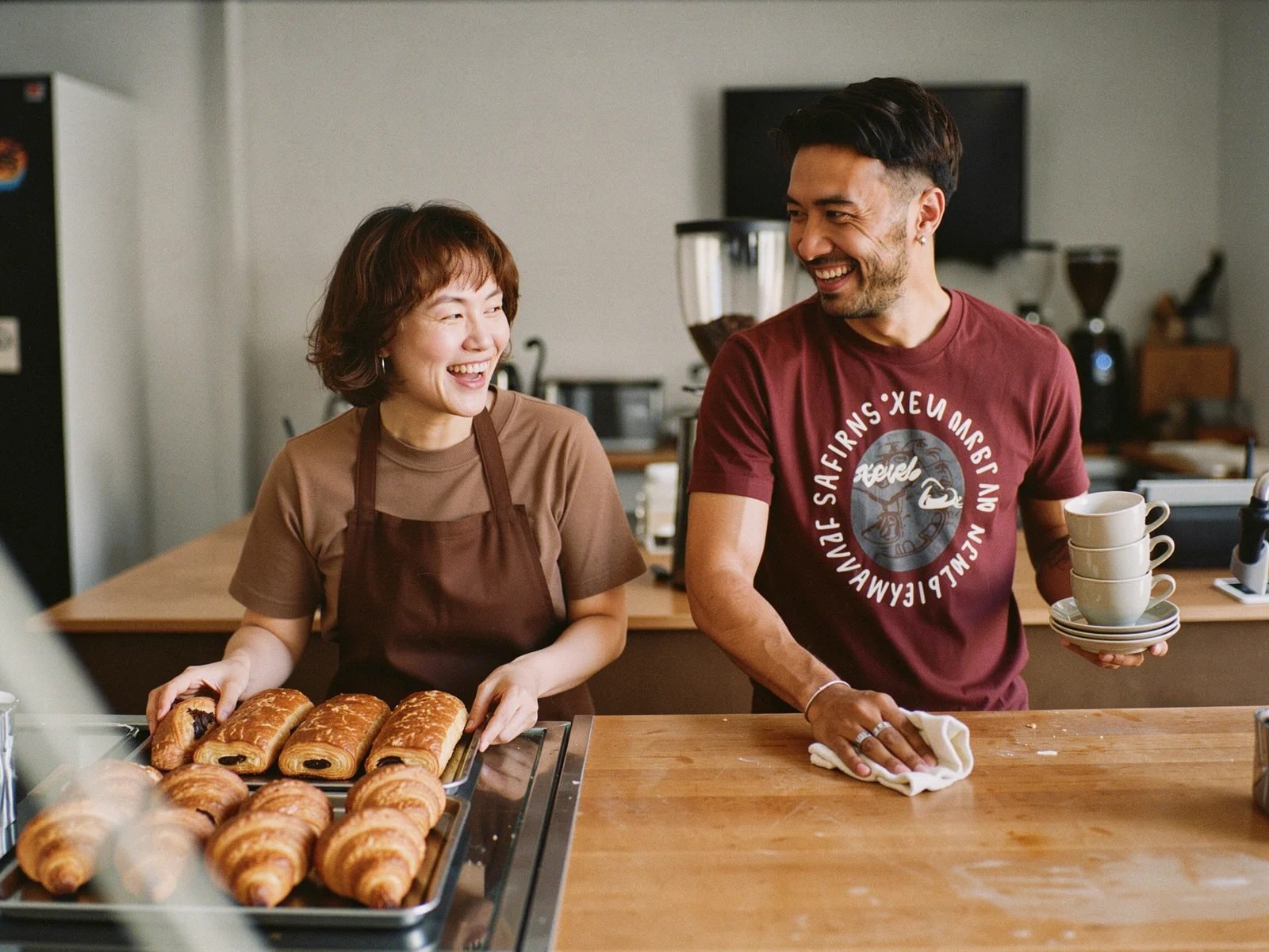 Café owner and employee opening up together, setting out pastries and wiping down the counter