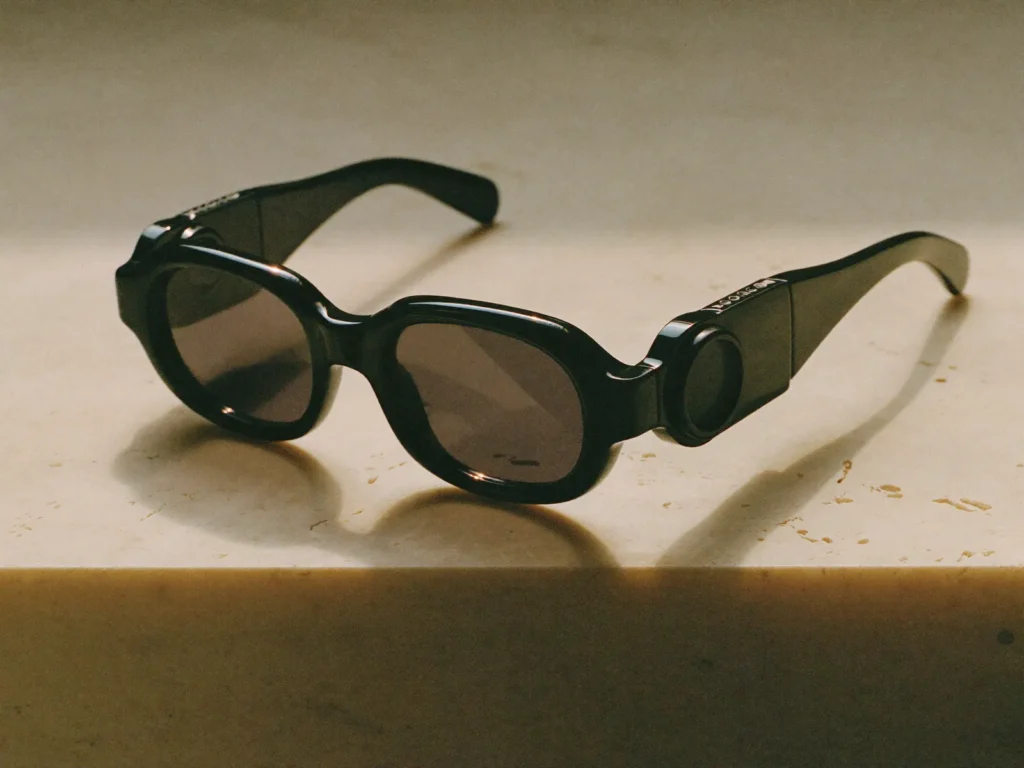 Technology lawyers: AI smart glasses with a built-in camera resting on travertine