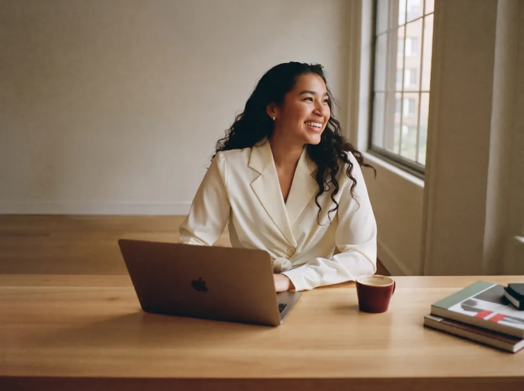 Smiling founder at her desk in a modern studio office