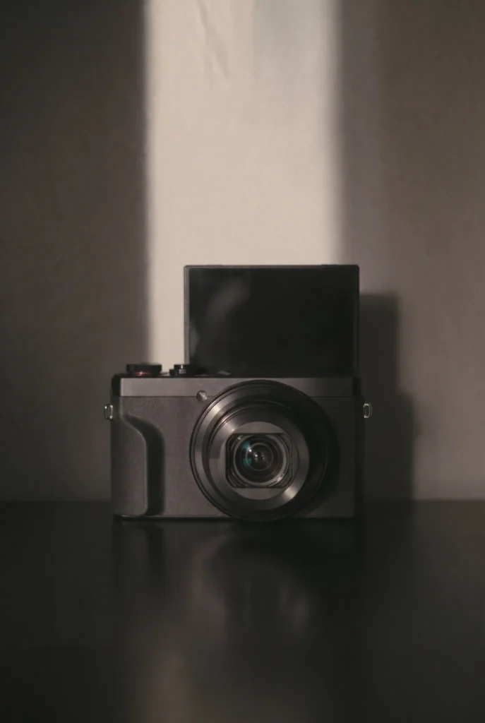 A modern compact camera against a softly lit wall