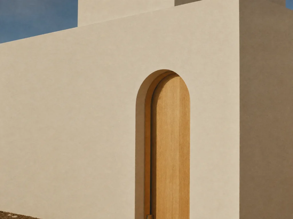 Property lawyers: a limewashed wall with an arched oak door in soft sunlight