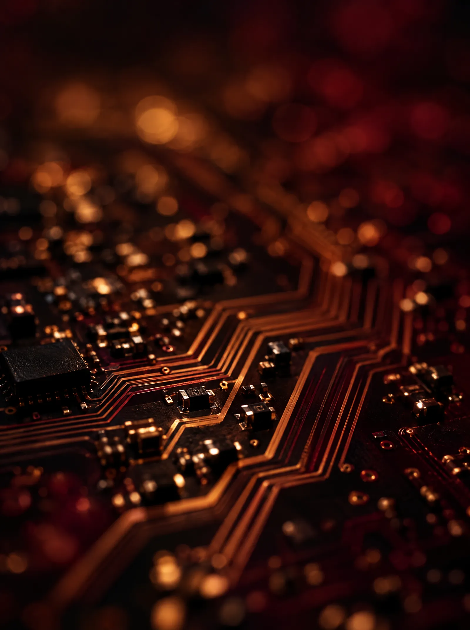Close-up of copper circuit board traces fading into warm amber and burgundy light