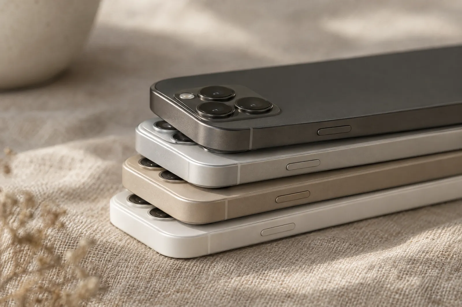 A stack of smartphones lying on linen in soft daylight