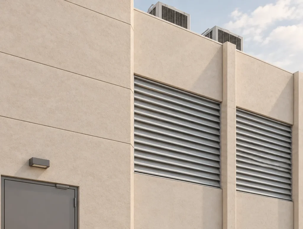 Close-up of a modern data centre facade with ventilation louvres in soft daylight